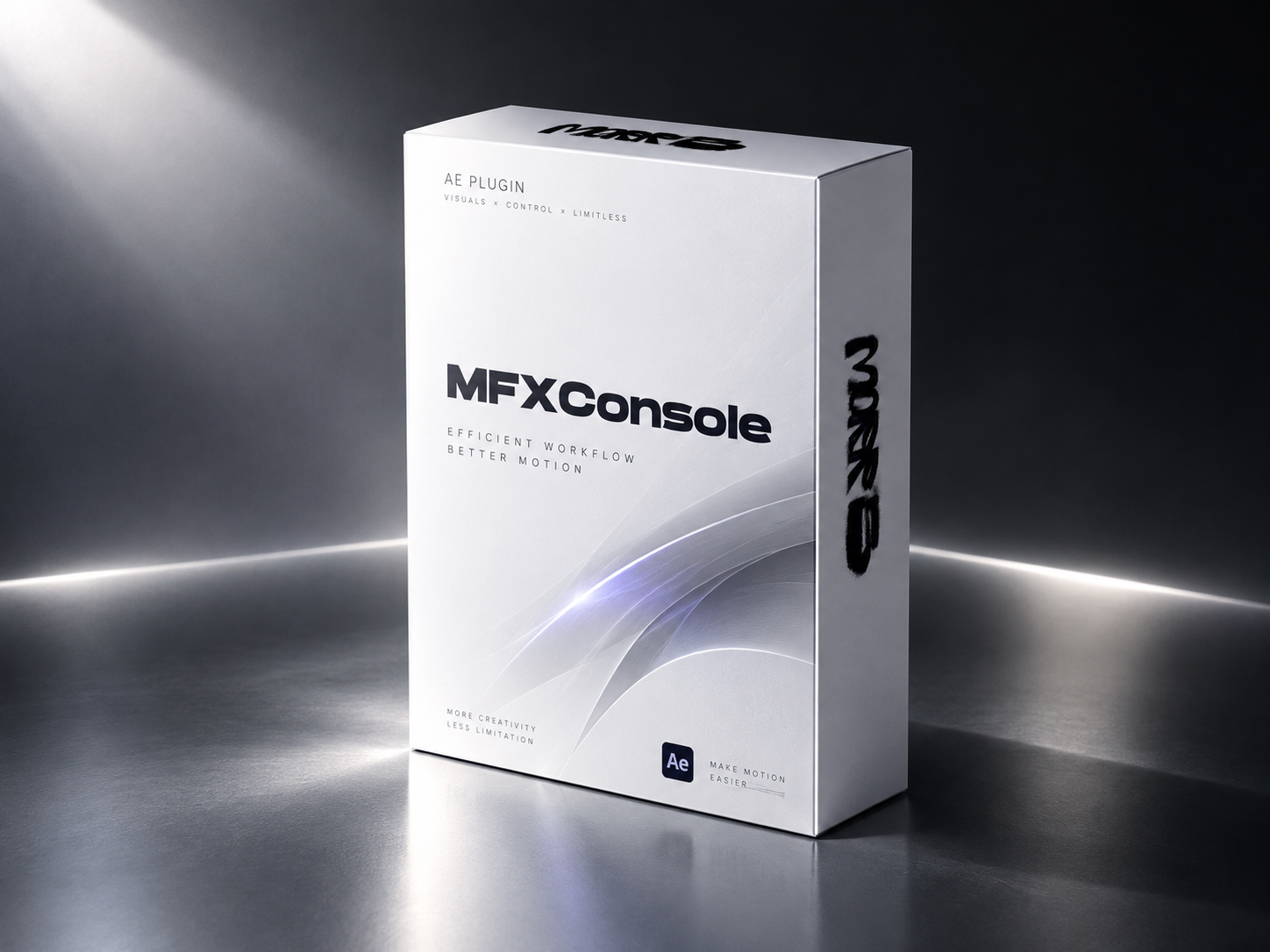 暗色摄影棚中的 MFXConsole 白色产品包装盒